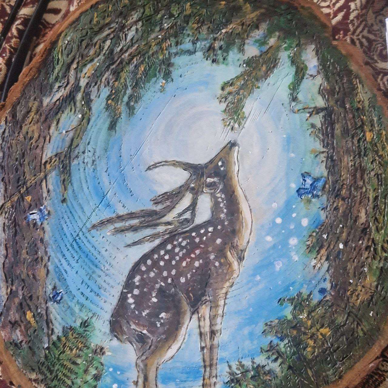 Handcrafted folk art, home decor, jewelry, wood burning, resin crafts, enchanted forest-inspired pieces, lamps, paintings, sculptures