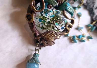 Handcrafted folk art, home decor, jewelry, wood burning, resin crafts, enchanted forest-inspired pieces, lamps, paintings, sculptures